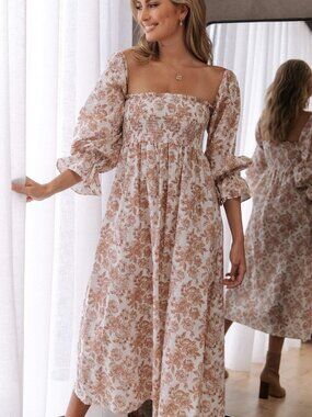 Petal & Pup White and Brown Floral Midi Dress